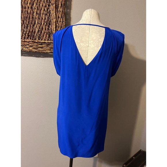 Anthropologie TIBI Dress Cobalt Blue 8 Silk Beaded Shift Short Sleeve V Back - Picture 4 of 10